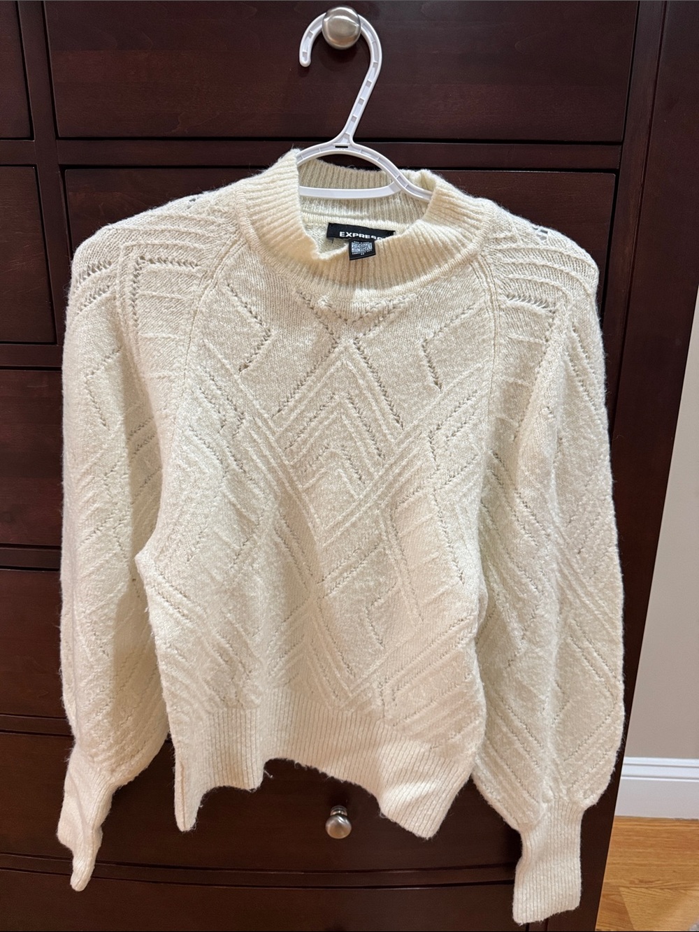 Express Cream Geometric Knit Crewneck Sweater